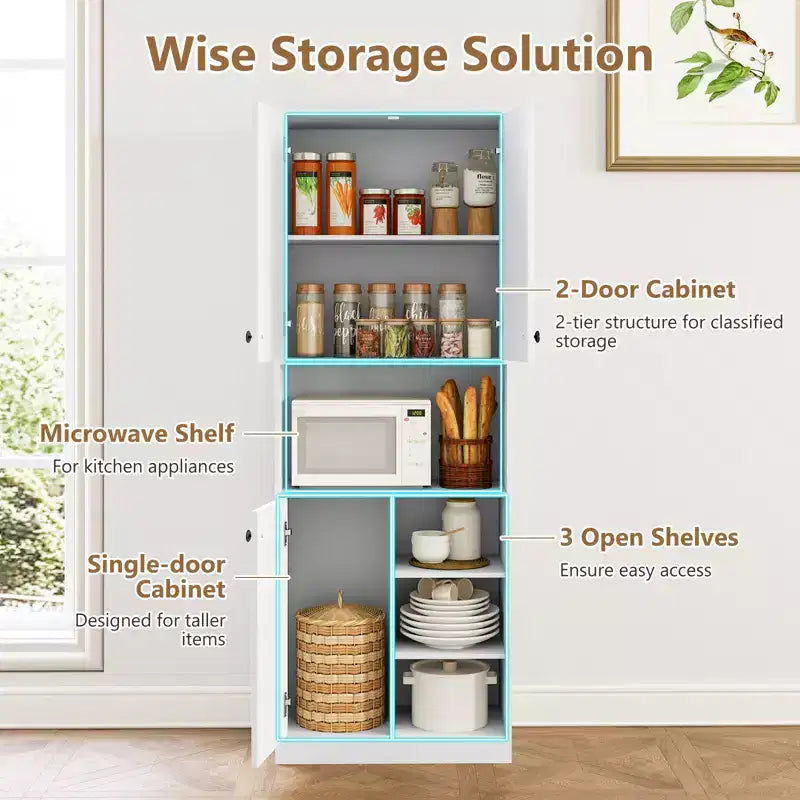 Armoire garde-manger de cuisine Costway 65.5 haute moderne avec support micro-ondes, marron/blanc