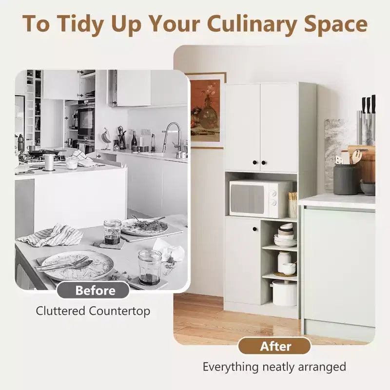 Armoire garde-manger de cuisine Costway 65.5 haute moderne avec support micro-ondes, marron/blanc