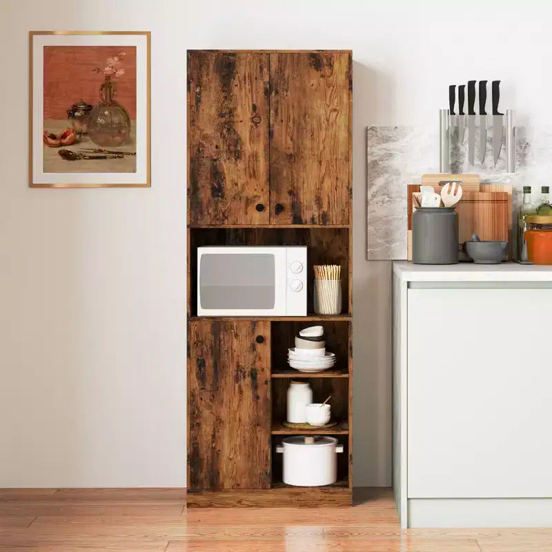 Armoire garde-manger de cuisine Costway 65.5 haute moderne avec support micro-ondes, marron/blanc