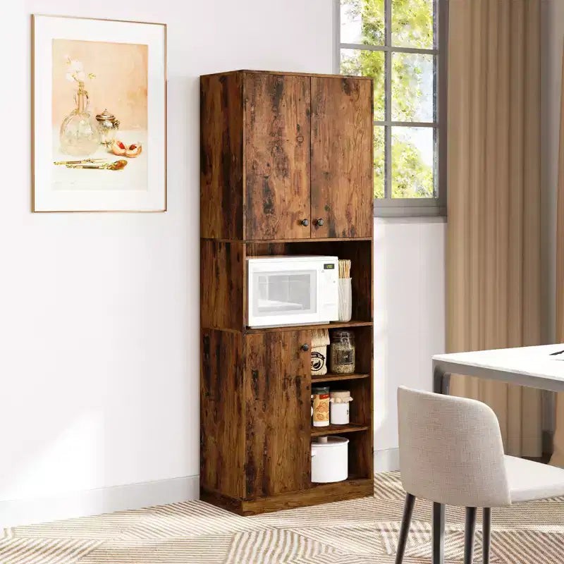 Armoire garde-manger de cuisine Costway 65.5 haute moderne avec support micro-ondes, marron/blanc