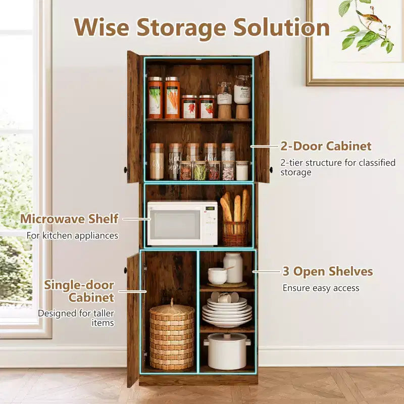 Armoire garde-manger de cuisine Costway 65.5 haute moderne avec support micro-ondes, marron/blanc