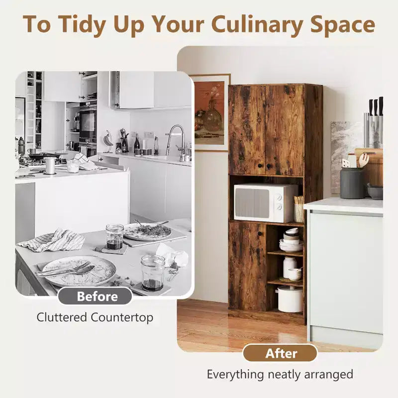 Armoire garde-manger de cuisine Costway 65.5 haute moderne avec support micro-ondes, marron/blanc