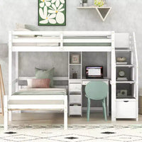 Lit mezzanine Whisen de 95,1 po L x 79,5 po l avec lit indépendant, escalier de rangement, bureau, étagères et tiroirs