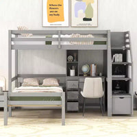 Lit mezzanine Whisen de 95,1 po L x 79,5 po l avec lit indépendant, escalier de rangement, bureau, étagères et tiroirs