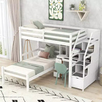 Lit mezzanine Whisen de 95,1 po L x 79,5 po l avec lit indépendant, escalier de rangement, bureau, étagères et tiroirs