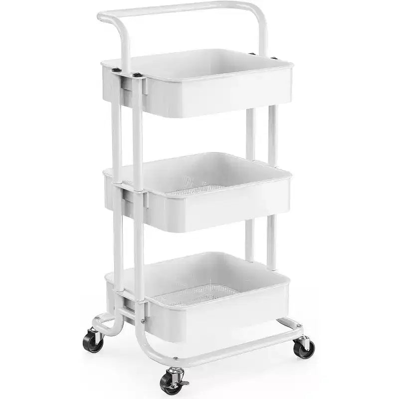 Chariot de rangement à 3 niveaux en maille Pipishell - Chariot roulant en métal avec poignée et roulettes verrouillables pour la cuisine, le salon et le bureau, blanc