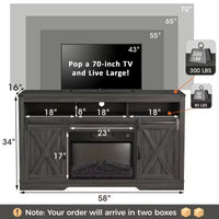 Meuble TV cheminée Heynemo pour TV 65''+, centre de divertissement style ferme avec cheminée électrique 23'' avec télécommande et porte coulissante
