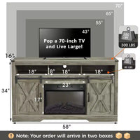 Meuble TV cheminée Heynemo pour TV 65''+, centre de divertissement style ferme avec cheminée électrique 23'' avec télécommande et porte coulissante