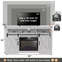 Meuble TV cheminée Heynemo pour TV 65''+, centre de divertissement style ferme avec cheminée électrique 23'' avec télécommande et porte coulissante