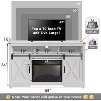 Meuble TV cheminée Heynemo pour TV 65''+, centre de divertissement style ferme avec cheminée électrique 23'' avec télécommande et porte coulissante