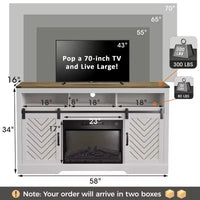 Meuble TV cheminée Heynemo pour TV 65''+, centre de divertissement style ferme avec cheminée électrique 23'' avec télécommande et porte coulissante