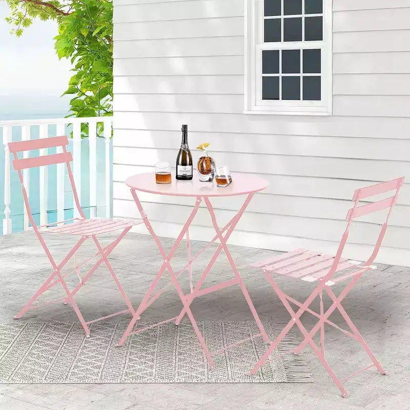 Ensemble bistrot extérieur EROMMY 3 pièces, mobilier de jardin, pliable, en acier inoxydable, convient pour terrasse, balcon, jardin, piscine - Rose