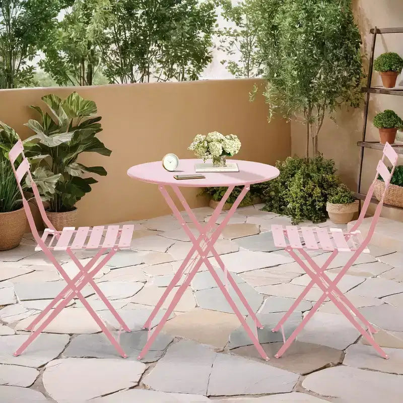 Ensemble bistrot extérieur EROMMY 3 pièces, mobilier de jardin, pliable, en acier inoxydable, convient pour terrasse, balcon, jardin, piscine - Rose