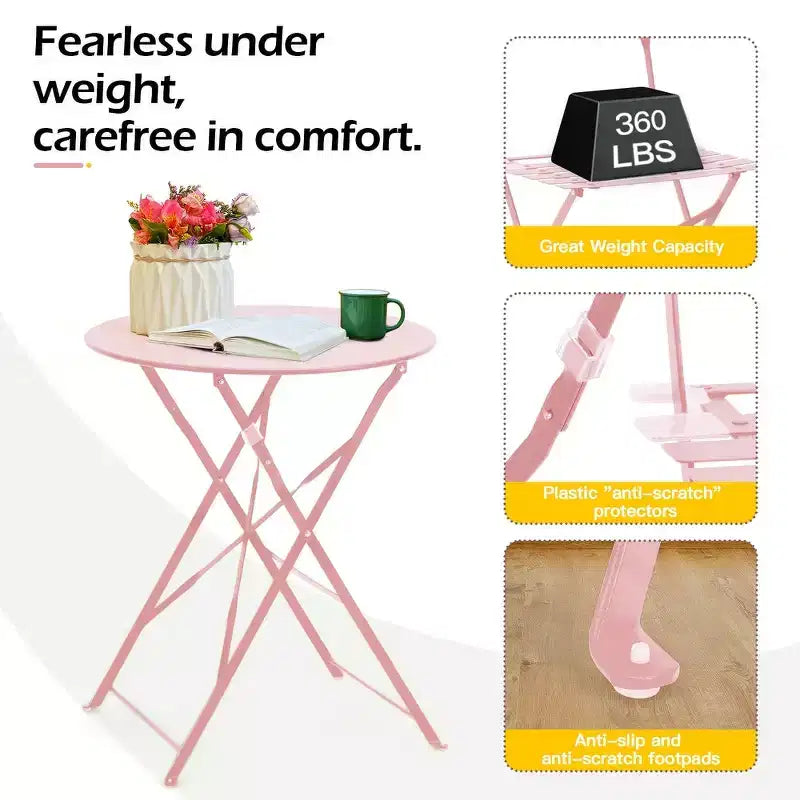 Ensemble bistrot extérieur EROMMY 3 pièces, mobilier de jardin, pliable, en acier inoxydable, convient pour terrasse, balcon, jardin, piscine - Rose