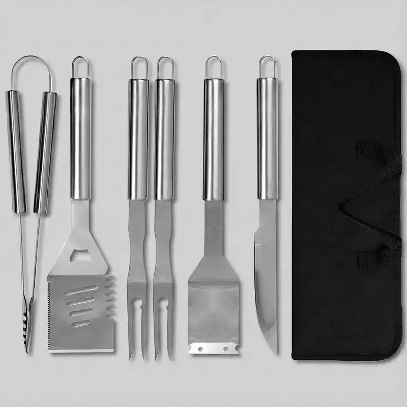 R.W.FLAME Ensemble d'ustensiles de grillade 6 pièces, accessoires et outils de barbecue en acier inoxydable avec sac de rangement, spatule, pinces, couteau à barbecue et brosse de nettoyage pour le camping