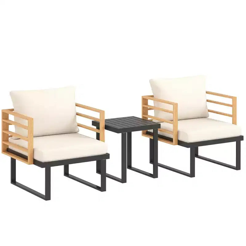 Outsunny Ensemble bistrot d'extérieur 3 pièces, mobilier de terrasse en métal avec coussins, fauteuils et table à lattes, petit ensemble de patio pour balcon, porche, beige
