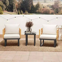 Outsunny Ensemble bistrot d'extérieur 3 pièces, mobilier de terrasse en métal avec coussins, fauteuils et table à lattes, petit ensemble de patio pour balcon, porche, beige