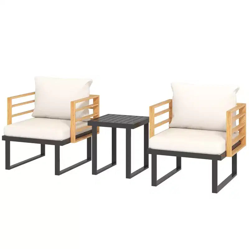 Outsunny Ensemble bistrot d'extérieur 3 pièces, mobilier de terrasse en métal avec coussins, fauteuils et table à lattes, petit ensemble de patio pour balcon, porche, beige