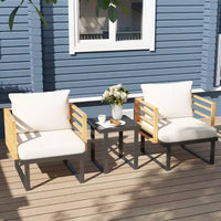 Outsunny Ensemble bistrot d'extérieur 3 pièces, mobilier de terrasse en métal avec coussins, fauteuils et table à lattes, petit ensemble de patio pour balcon, porche, beige