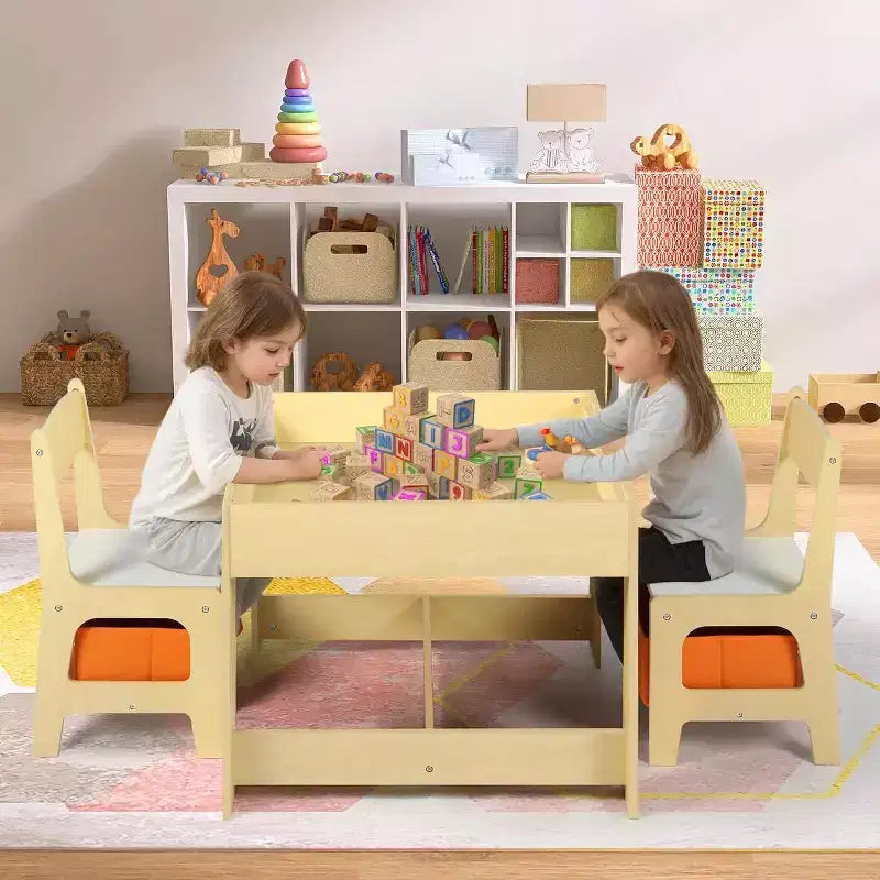 Ensemble table et 2 chaises 3-en-1 pour enfants Kinder King avec rangement, plateau amovible et tableau noir, pour art, bricolage, lecture