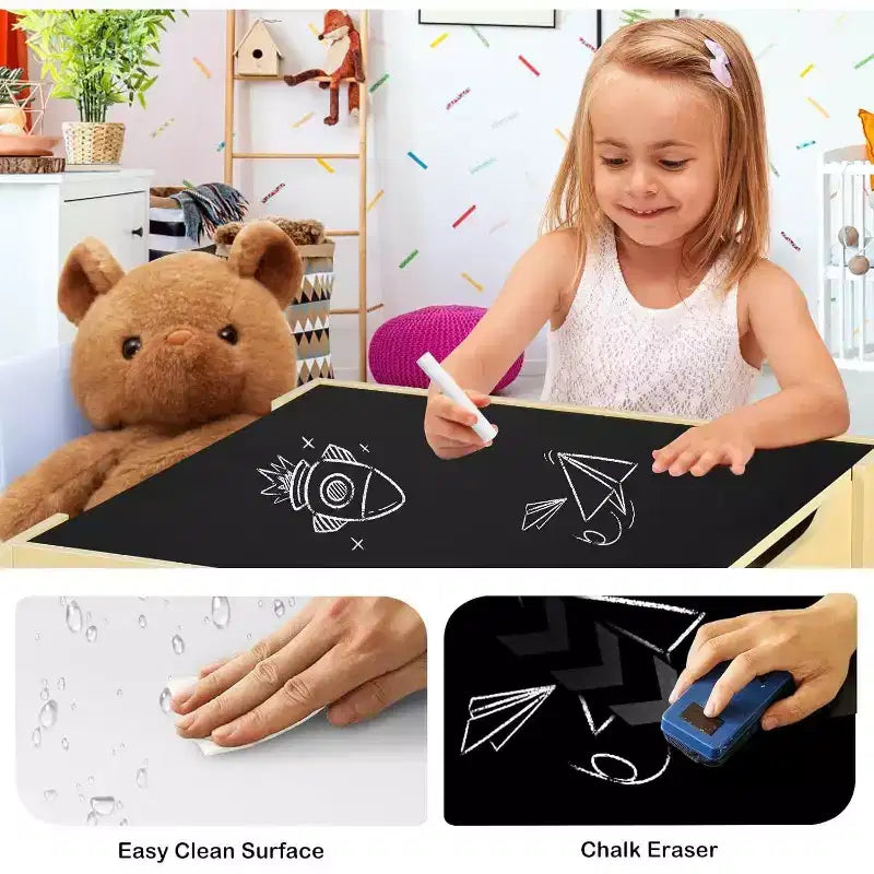 Ensemble table et 2 chaises 3-en-1 pour enfants Kinder King avec rangement, plateau amovible et tableau noir, pour art, bricolage, lecture