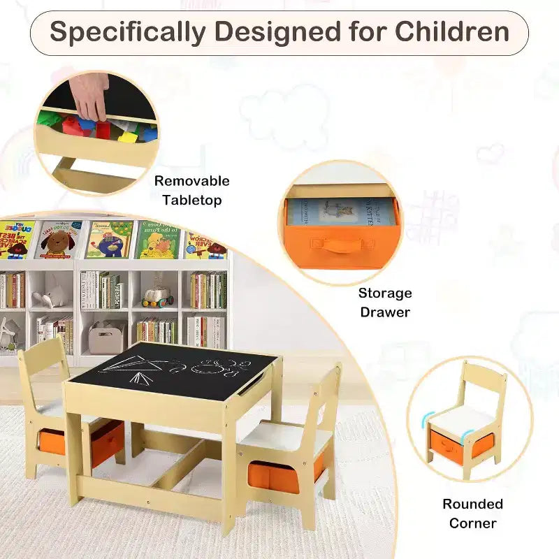 Ensemble table et 2 chaises 3-en-1 pour enfants Kinder King avec rangement, plateau amovible et tableau noir, pour art, bricolage, lecture