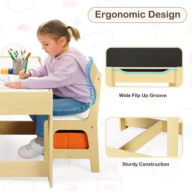 Ensemble table et 2 chaises 3-en-1 pour enfants Kinder King avec rangement, plateau amovible et tableau noir, pour art, bricolage, lecture