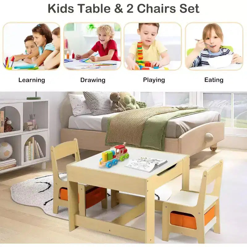 Ensemble table et 2 chaises 3-en-1 pour enfants Kinder King avec rangement, plateau amovible et tableau noir, pour art, bricolage, lecture