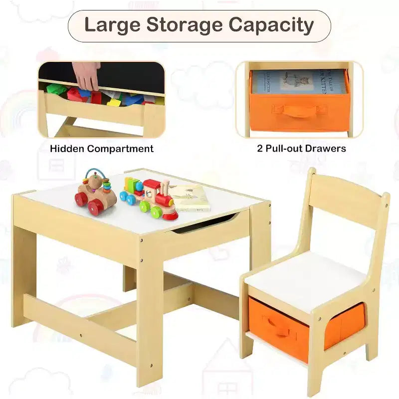 Ensemble table et 2 chaises 3-en-1 pour enfants Kinder King avec rangement, plateau amovible et tableau noir, pour art, bricolage, lecture