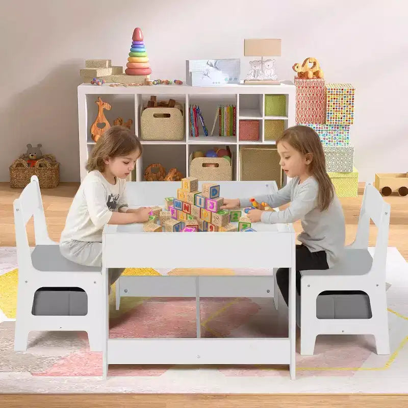 Ensemble table et 2 chaises 3-en-1 pour enfants Kinder King avec rangement, plateau amovible et tableau noir, pour art, bricolage, lecture