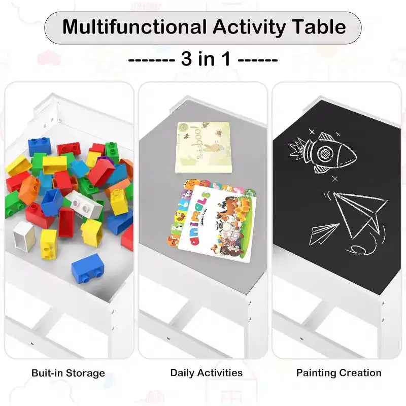 Ensemble table et 2 chaises 3-en-1 pour enfants Kinder King avec rangement, plateau amovible et tableau noir, pour art, bricolage, lecture