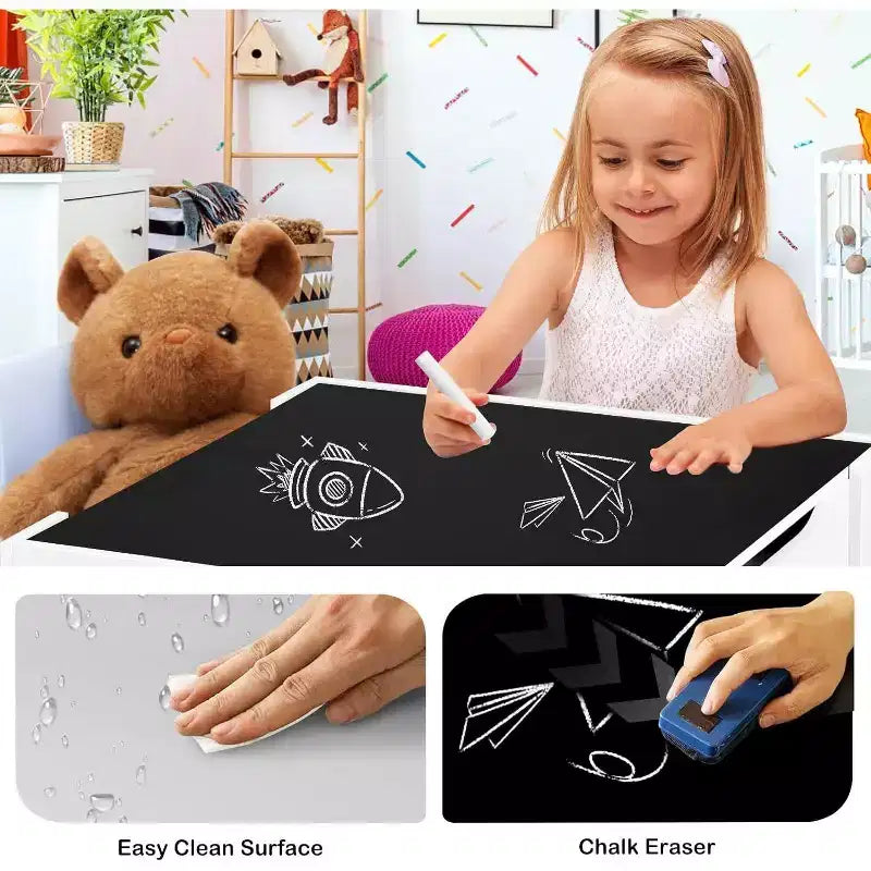 Ensemble table et 2 chaises 3-en-1 pour enfants Kinder King avec rangement, plateau amovible et tableau noir, pour art, bricolage, lecture
