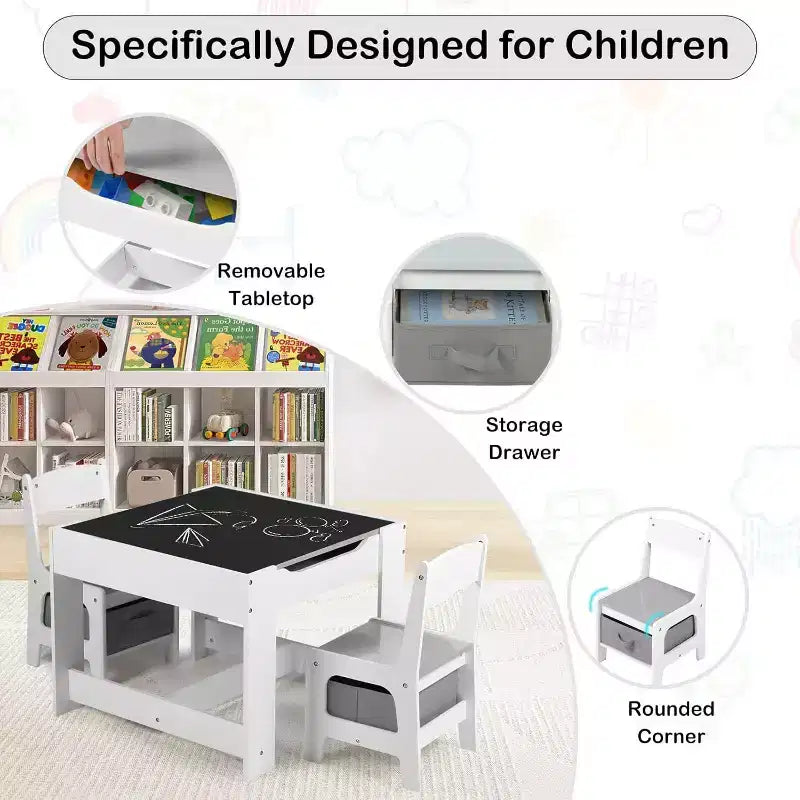 Ensemble table et 2 chaises 3-en-1 pour enfants Kinder King avec rangement, plateau amovible et tableau noir, pour art, bricolage, lecture