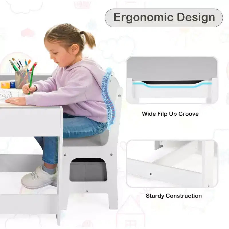 Ensemble table et 2 chaises 3-en-1 pour enfants Kinder King avec rangement, plateau amovible et tableau noir, pour art, bricolage, lecture