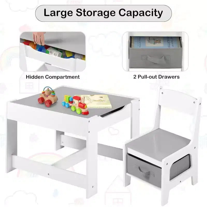 Ensemble table et 2 chaises 3-en-1 pour enfants Kinder King avec rangement, plateau amovible et tableau noir, pour art, bricolage, lecture