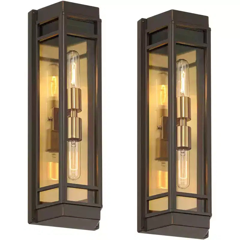Lot de 2 appliques murales d'extérieur modernes John Timberland Catie 21, 2 lumières, pour porche ou maison, en bronze sablé et laiton, en aluminium avec abat-jour en verre
