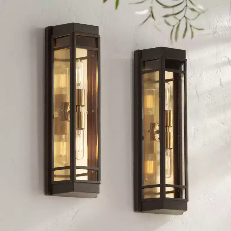 Lot de 2 appliques murales d'extérieur modernes John Timberland Catie 21, 2 lumières, pour porche ou maison, en bronze sablé et laiton, en aluminium avec abat-jour en verre