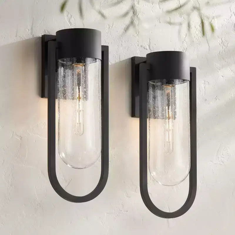 Possini Euro Design Villa Lane Applique murale extérieure moderne haute 18 1/2, luminaire de porche, extérieur de maison, lot de 2 résistants aux intempéries, noir, abat-jour en verre transparent