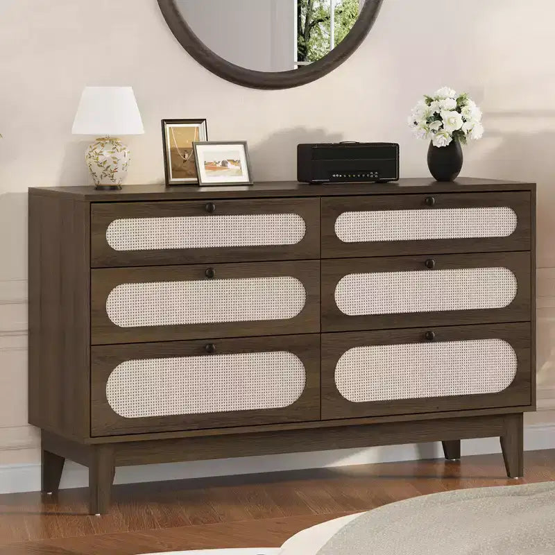 Commode en bois à 6 tiroirs avec station de charge, commode en rotin pour chambre à coucher, salon
