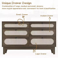 Commode en bois à 6 tiroirs avec station de charge, commode en rotin pour chambre à coucher, salon