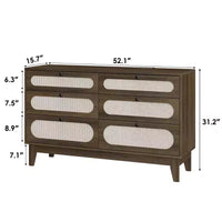 Commode en bois à 6 tiroirs avec station de charge, commode en rotin pour chambre à coucher, salon