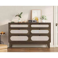 Commode en bois à 6 tiroirs avec station de charge, commode en rotin pour chambre à coucher, salon