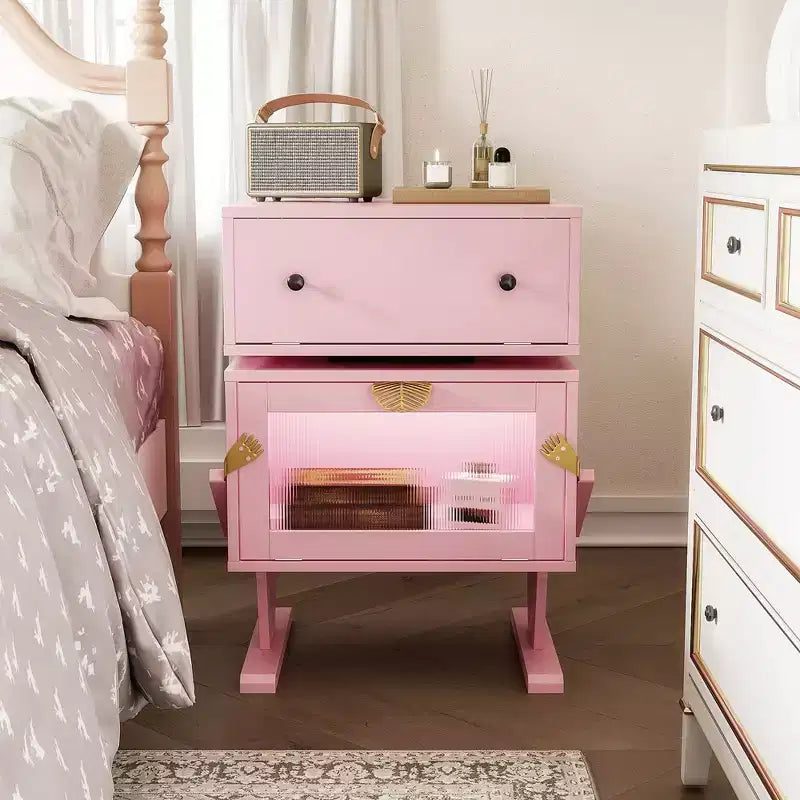 Heynemo table de chevet avec bandes lumineuses LED, tiroir rotatif à 360 degrés, rangement à porte vitrée, armoire de table de nuit en bois pour salon, chambre