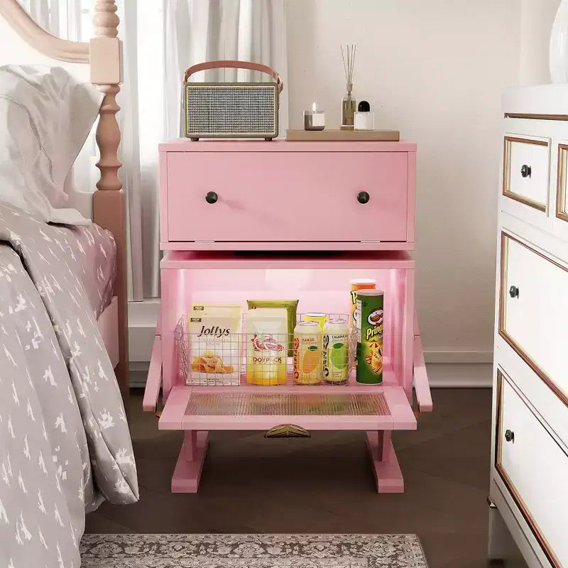 Heynemo table de chevet avec bandes lumineuses LED, tiroir rotatif à 360 degrés, rangement à porte vitrée, armoire de table de nuit en bois pour salon, chambre