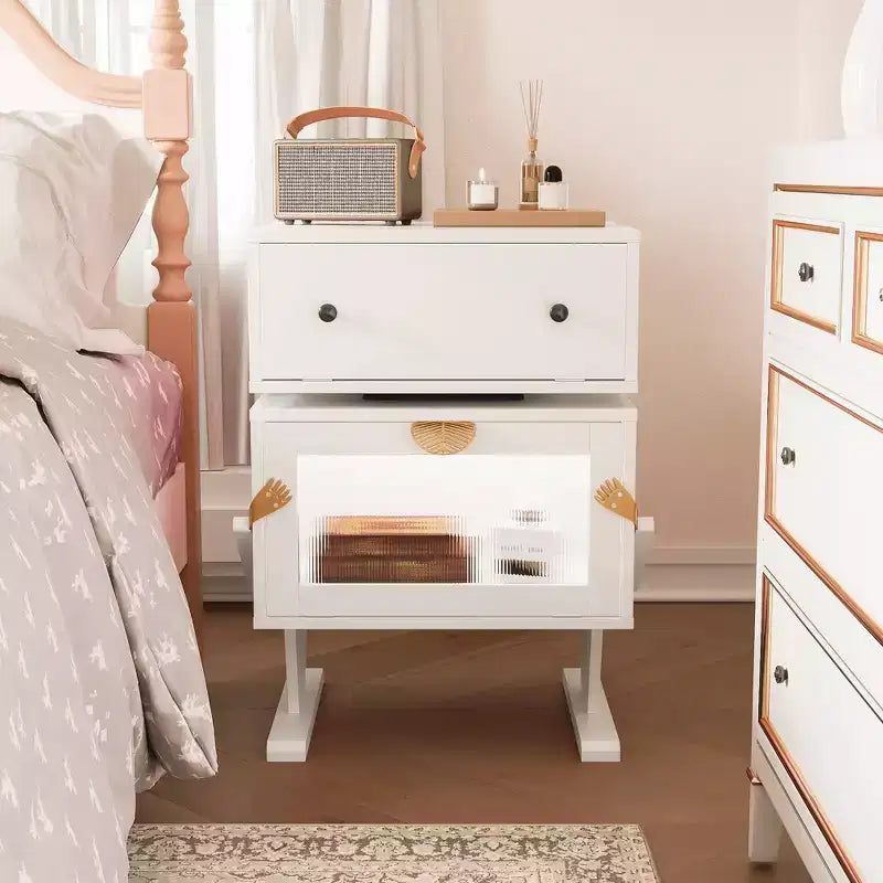 Heynemo table de chevet avec bandes lumineuses LED, tiroir rotatif à 360 degrés, rangement à porte vitrée, armoire de table de nuit en bois pour salon, chambre