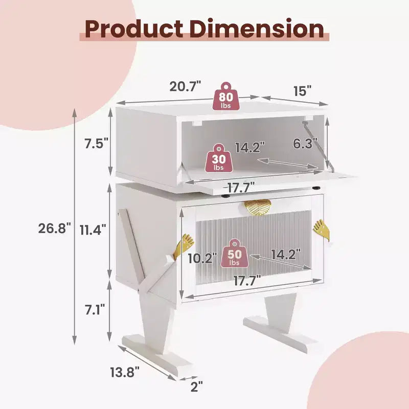 Heynemo table de chevet avec bandes lumineuses LED, tiroir rotatif à 360 degrés, rangement à porte vitrée, armoire de table de nuit en bois pour salon, chambre