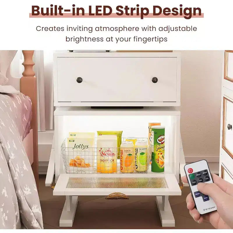 Heynemo table de chevet avec bandes lumineuses LED, tiroir rotatif à 360 degrés, rangement à porte vitrée, armoire de table de nuit en bois pour salon, chambre