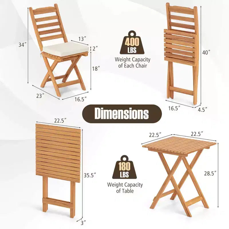 Costway Ensemble bistro pliant 3 pièces avec coussins d'assise amovibles, table et chaises d'extérieur