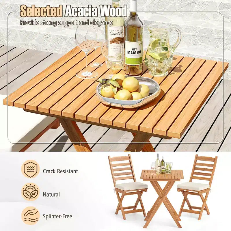 Costway Ensemble bistro pliant 3 pièces avec coussins d'assise amovibles, table et chaises d'extérieur