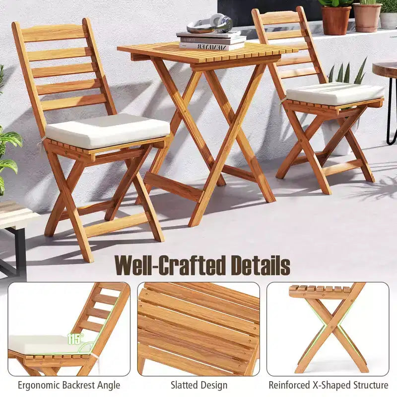 Costway Ensemble bistro pliant 3 pièces avec coussins d'assise amovibles, table et chaises d'extérieur